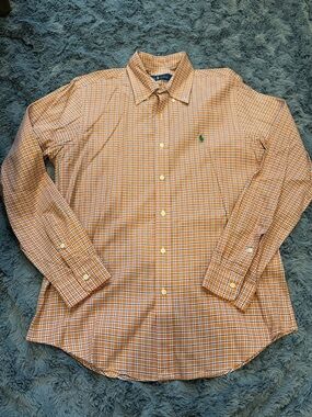 Ralph Lauren Orange Plaid Button-Down Shirt with Green Pony